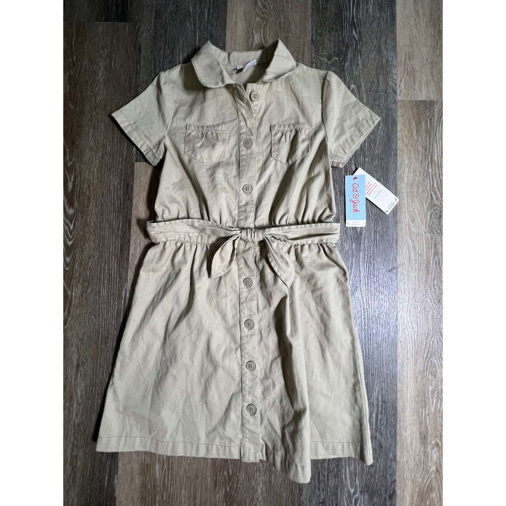 Cat & Jack Shirt Dress Kids 12 Tan Khaki Uniform Button Down Belted Short Sleeve
